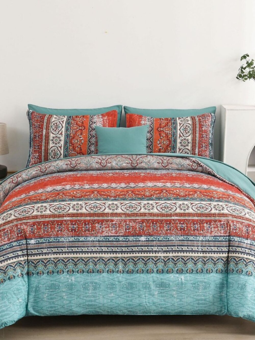 Boho Queen Comforter Set 8 Pieces, Terracotta Comforter Bohemian Striped Bed in